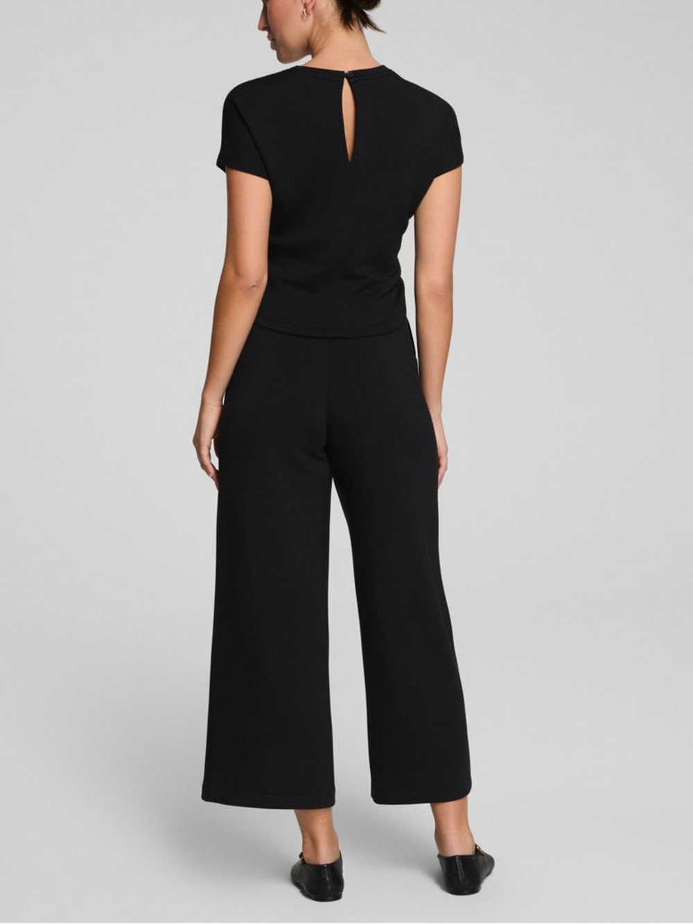 Spanx AirEssentials Tie Waist Jumpsuit Wide Leg Crop Soft Modal In Black Size L - Picture 2 of 10